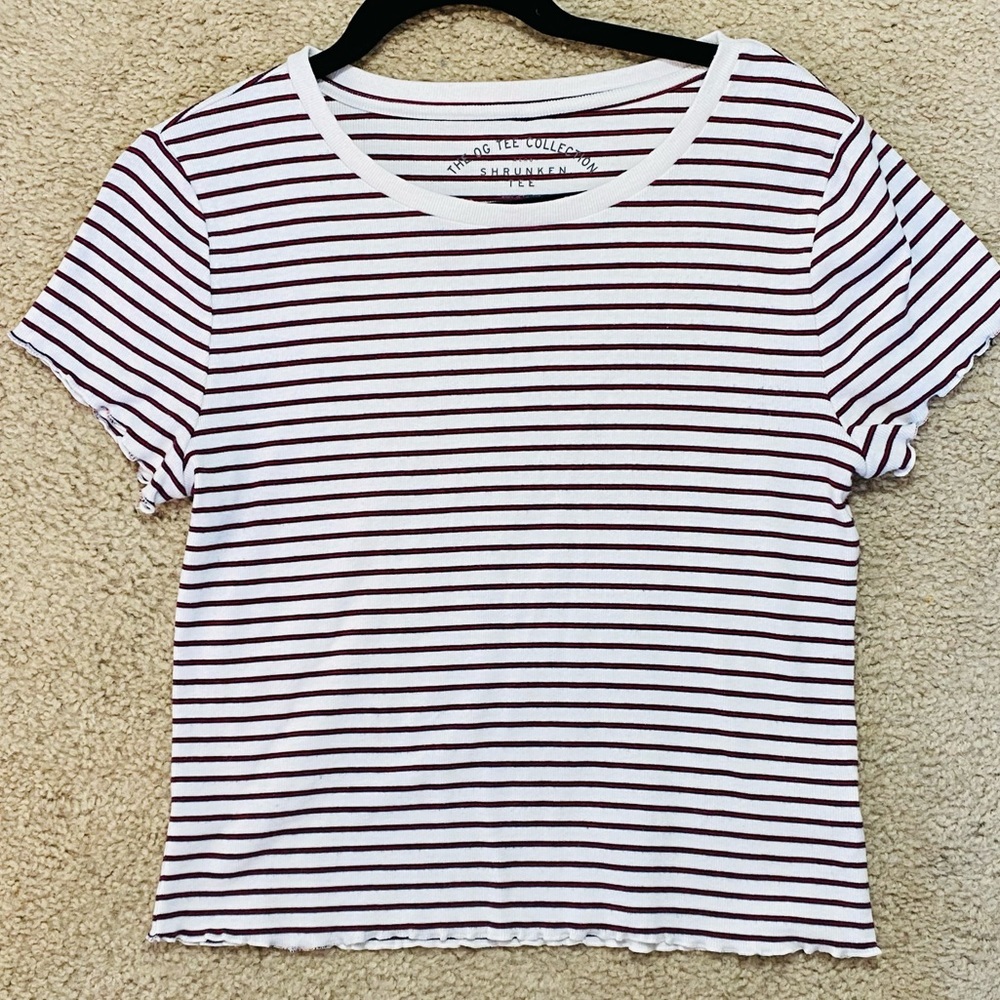 Women’s Black, Red and White Striped Cropped Tee